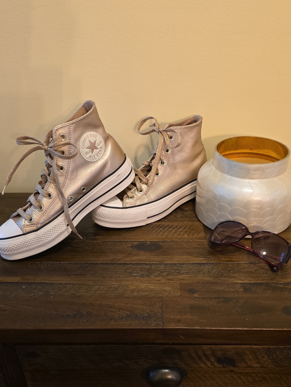 Women Converse Leather High Top Platform Sneakers in Metallic Rose - Picture 2 of 10